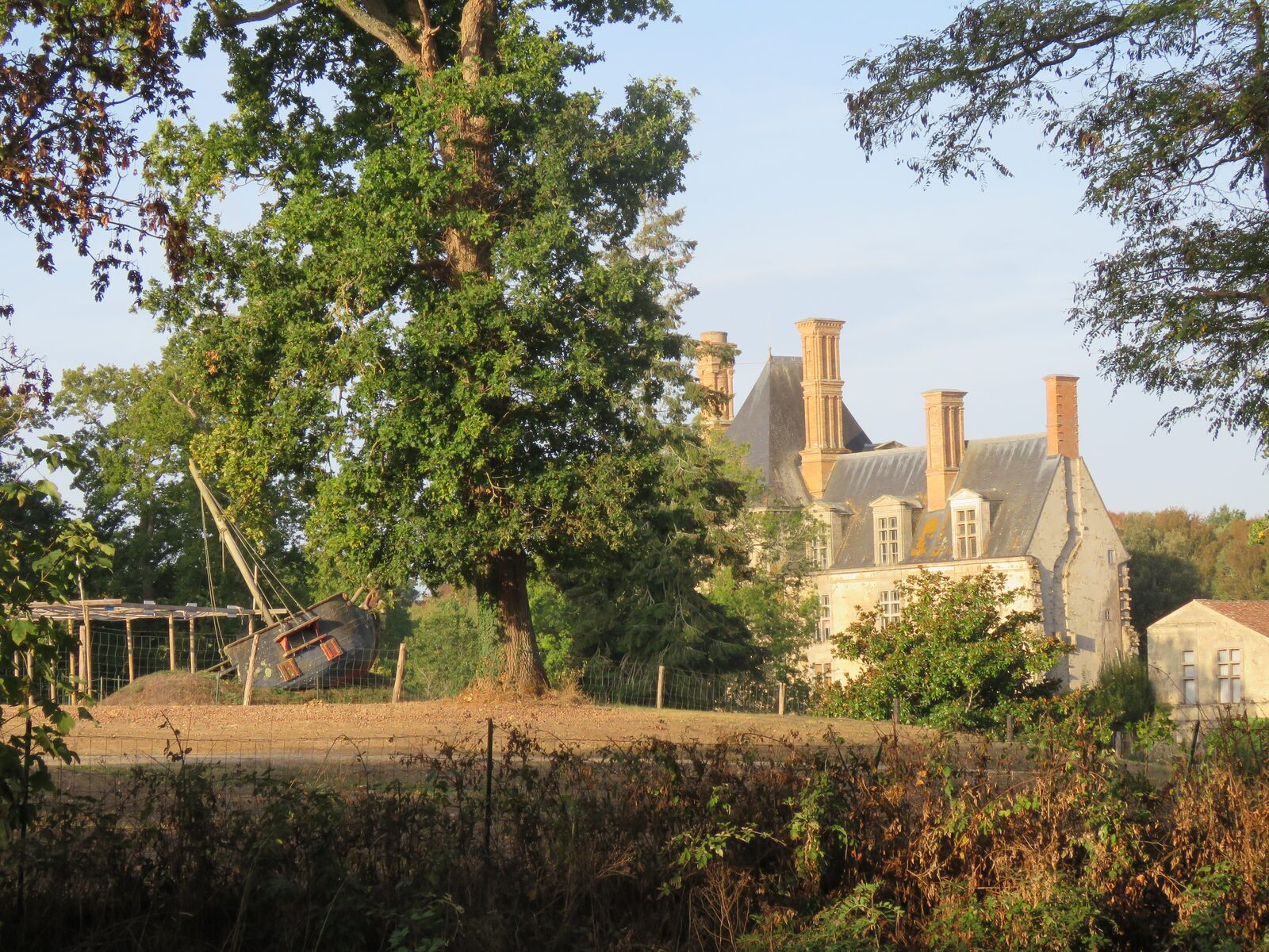 Le château de la Guignardière, dit château des Aventuriers, derrière son grand chêne