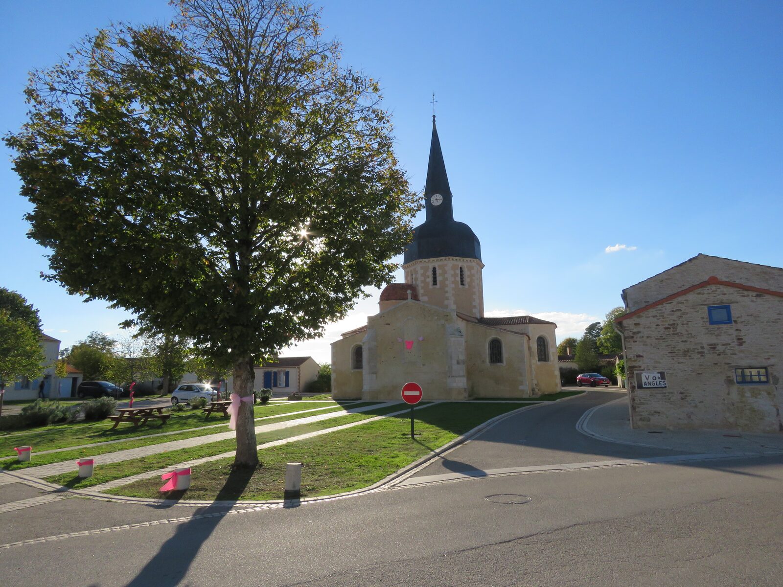 Les abords de l'église, rubans roses aux arbres pour Octobre Rose
