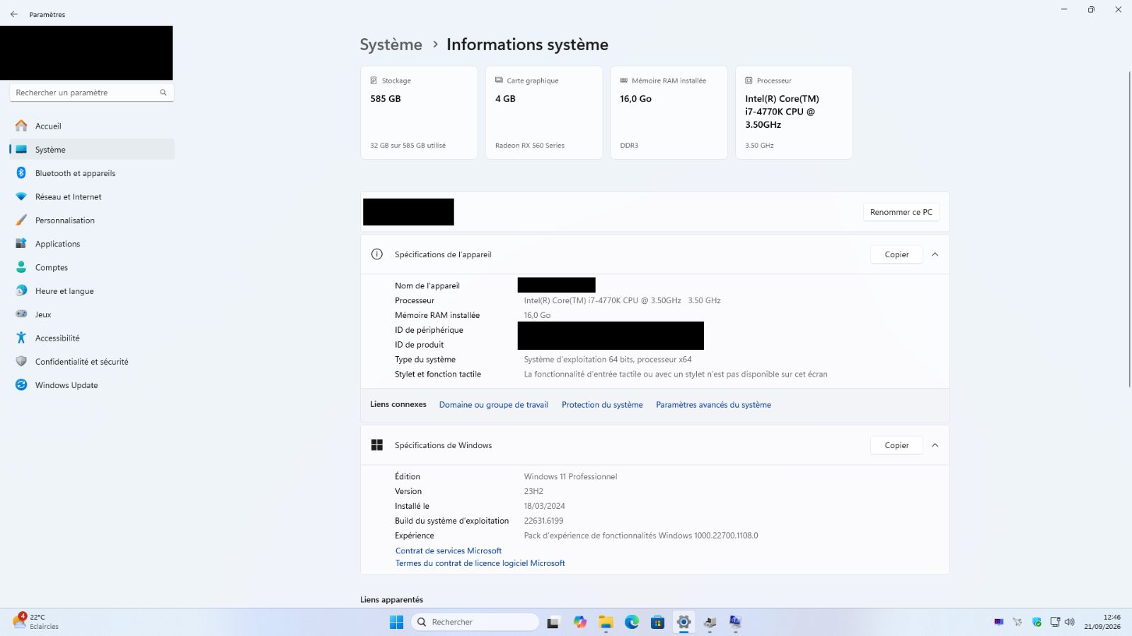 PC Gamer i7 4770k RX 560 OC 4 Go 16 Go DDR3 SSD 120 Go + HDD 500 Go + DVD Windows 11